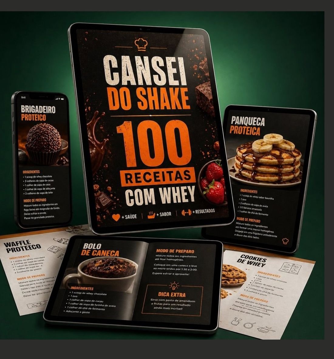 E-book Cansei do Shake aberto em tablet e celular mostrando 100 receitas fitness com whey: brigadeiro proteico, panqueca, bolo de caneca, cookies e waffle