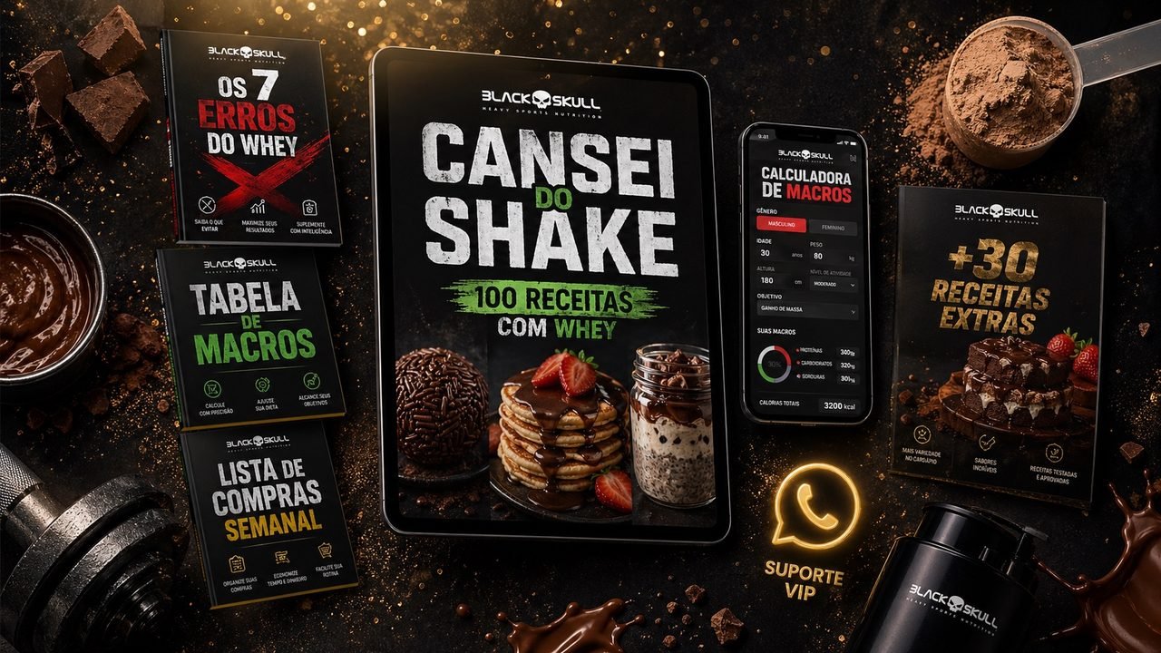 Edição Completa Cansei do Shake: e-book + 3 bônus + Calculadora de Macros + 30 receitas extras + Suporte WhatsApp em flat-lay editorial