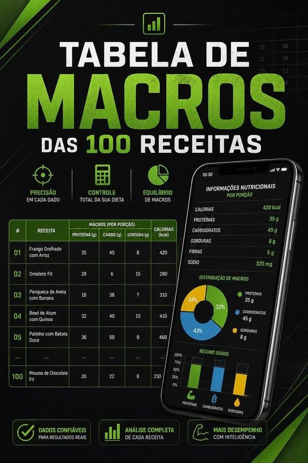 Bônus 2: Tabela de Macros das 100 Receitas — capa preta e verde mostrando tabela completa de calorias, proteínas, carboidratos e gorduras