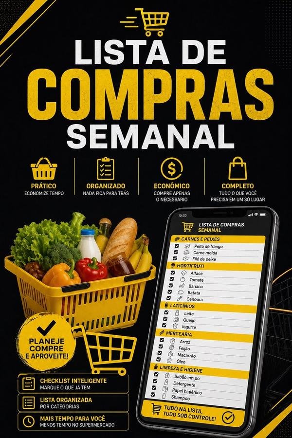 Bônus 3: Lista de Compras Semanal Pronta — capa preta e amarela com checklist de mercado organizada por categorias