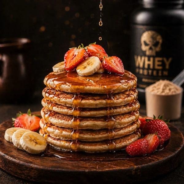Panqueca proteica com banana e morango — receita do Cansei do Shake